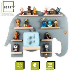 BOARTI Kinderregal Tier Elefant | hängend für Toniebox und Tonie Figuren | platzsparendes Regal | H. 40 x B. 54 x T. 19 | Wandregal für Musikbox Figuren Aufbewahrung Magneteinsätzen | Aufbewahrungsregal Holz Grau Best