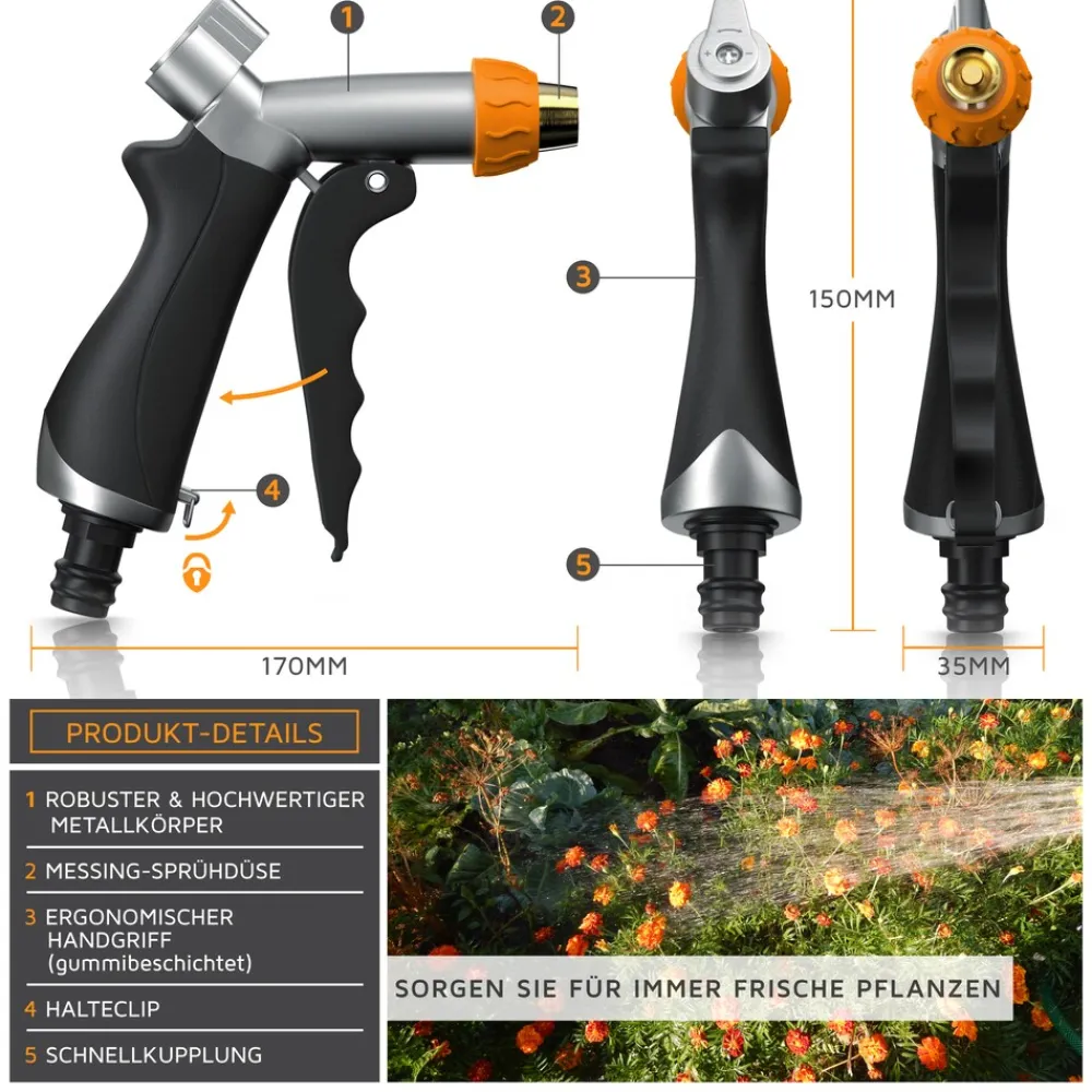 Brandson Garten Handbrause Metall Messing - Gartenbrause - 1/2 Zoll für Gartenschlauch - Pistolengriff mit Halteclip - 170 psi Wasserdruck Clearance