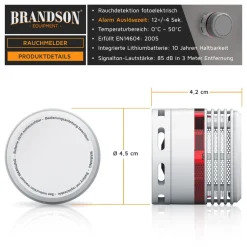 Rauchmelder (10 Jahre Batterie, Lautstärke 85 db, LED, Prüftaste, TÜV Zertifiziert) ^ Brandson Best