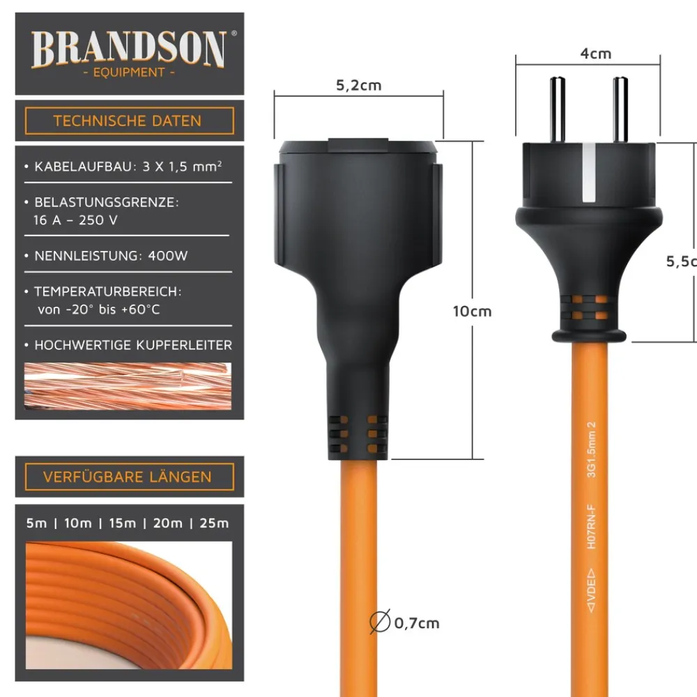 Verlängerungskabel, Typ F Schutzkontakt, Stromkabel Verlängerung für den Außenbereich 3500W, Outdoor, IP44 - 10m ^ Brandson Hot