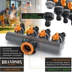 Brandson 4-Wege Schlauchverteiler, 3/4 1/2 Zoll, 2-tlg., Wasserverteiler, regulierbar, für Gartenschlauch & Gartenbewässerung New