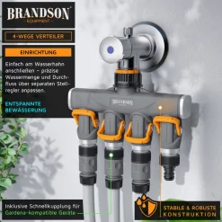 Brandson 4-Wege Schlauchverteiler, 3/4 1/2 Zoll, 2-tlg., schmaler Wasserhahnverteiler, regulierbar, Gartenbewässerung