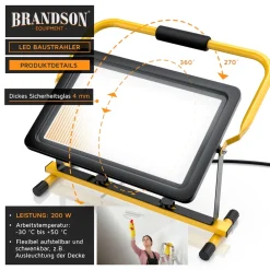 Brandson 200W LED Baustrahler - Arbeitsscheinwerfer - Bauscheinwerfer - Standgestell und Tragegriff - 16000 Lumen - 4 m Stromkabel - Metallgehäuse Best