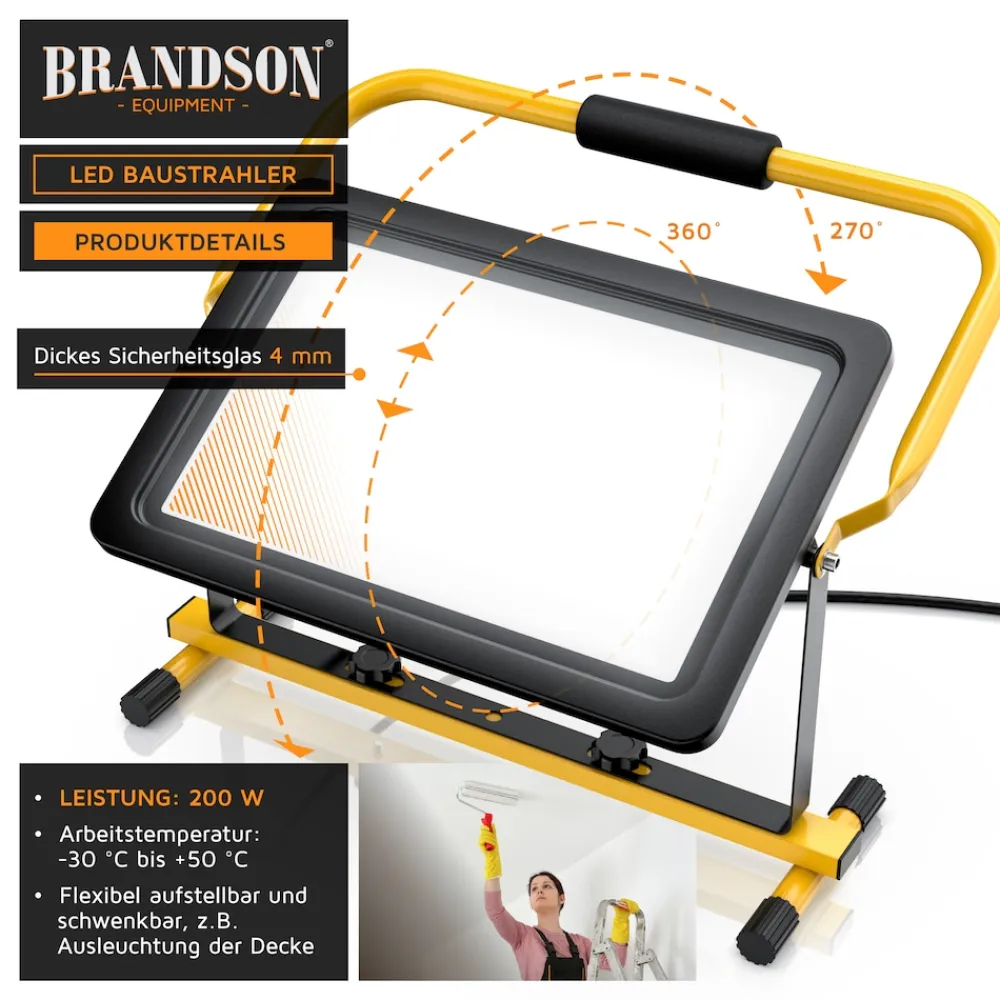 Brandson 200W LED Baustrahler - Arbeitsscheinwerfer - Bauscheinwerfer - Standgestell und Tragegriff - 16000 Lumen - 4 m Stromkabel - Metallgehäuse Best