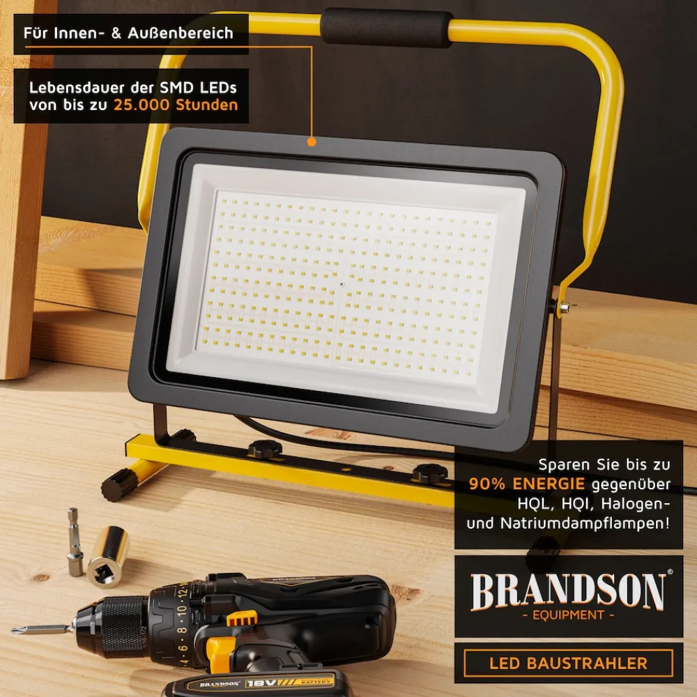 Brandson 200W LED Baustrahler - Arbeitsscheinwerfer - Bauscheinwerfer - Standgestell und Tragegriff - 16000 Lumen - 4 m Stromkabel - Metallgehäuse Best