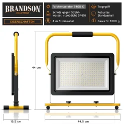 Brandson 200W LED Baustrahler - Arbeitsscheinwerfer - Bauscheinwerfer - Standgestell und Tragegriff - 16000 Lumen - 4 m Stromkabel - Metallgehäuse Best
