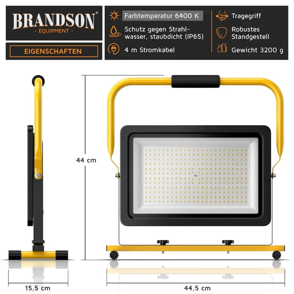 Brandson 200W LED Baustrahler - Arbeitsscheinwerfer - Bauscheinwerfer - Standgestell und Tragegriff - 16000 Lumen - 4 m Stromkabel - Metallgehäuse Best