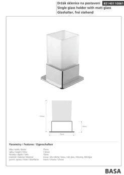BRILLANTBAD BASA Glashalter mit Glas Messing Milchglas Chrom 75x110x75 mm für Bad & WC >> Freistehend anwendbar New