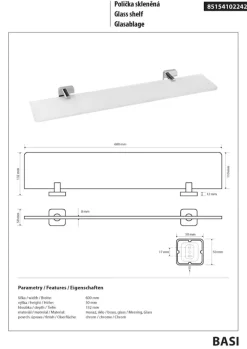 BASI Glasablage Messing Glas Chrom poliert 600x50x132 mm für Bad & WC >> zum Bohren ^ BRILLANTBAD Clearance