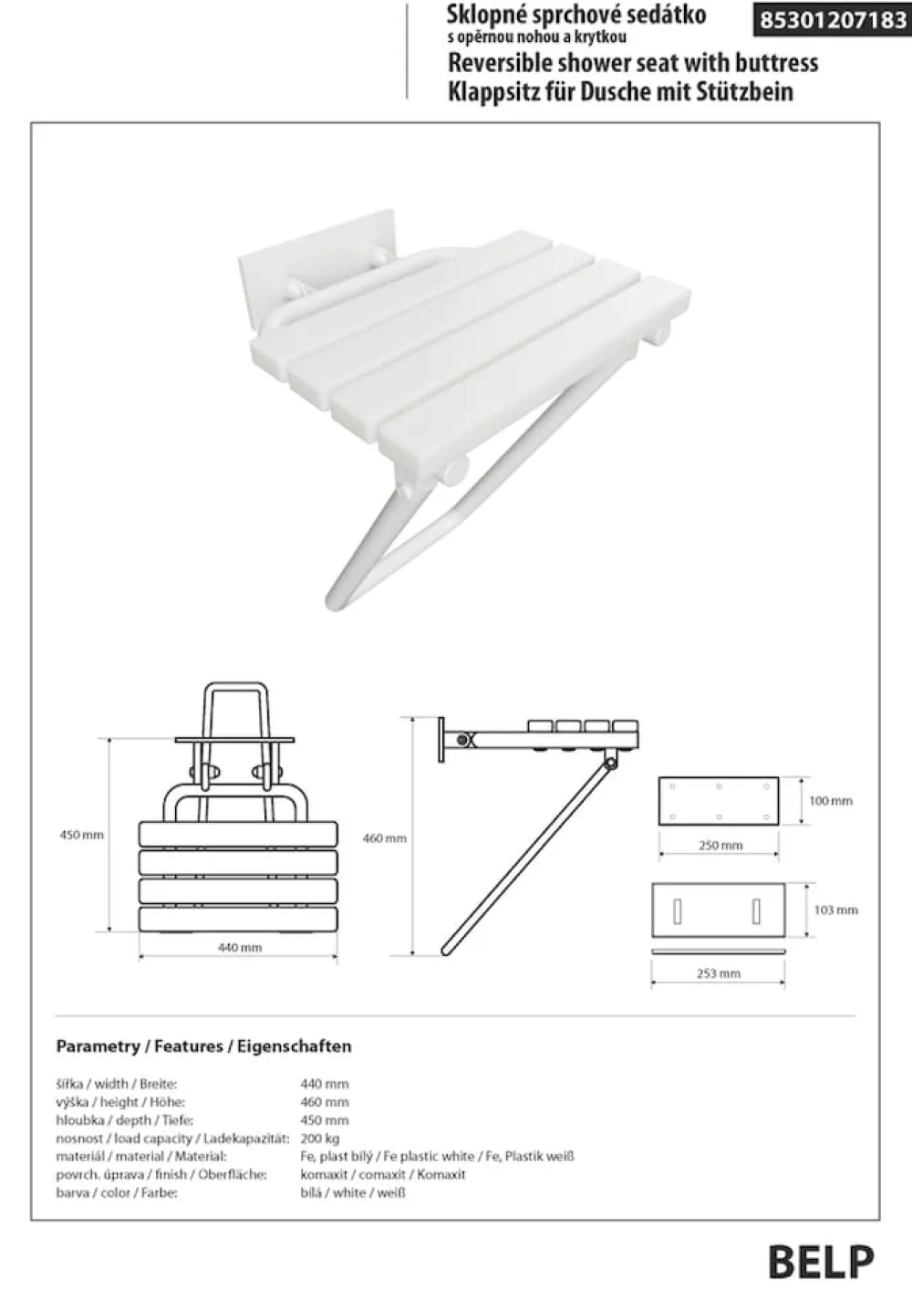 BELP Duschklappsitz Edelstahl Weiß Kunststoff mit Abdeckung 440x460x450 mm, 200 kg Traglast für Bad & WC >> zum Bohren ^ BRILLANTBAD Online