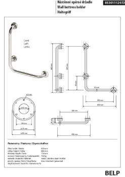 BELP Haltegriff Links Edelstahl gebürstet mit Abdeckung 630x680x110 mm, 120 kg Traglast für Bad & WC ><noscript><img width=