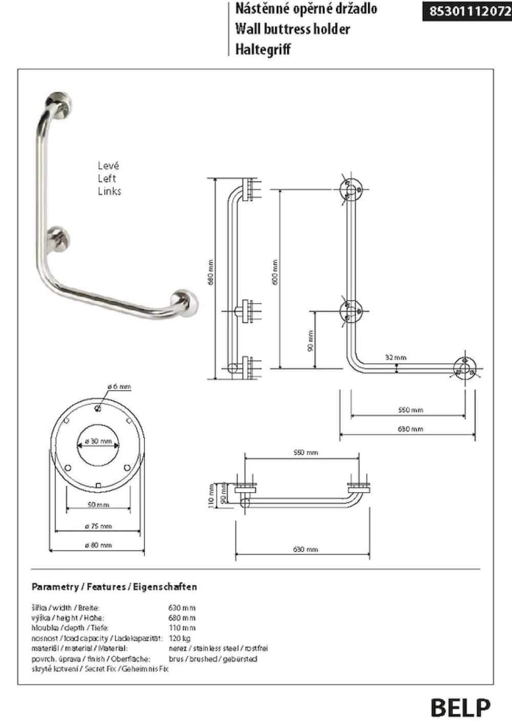 BELP Haltegriff Links Edelstahl gebürstet mit Abdeckung 630x680x110 mm, 120 kg Traglast für Bad & WC >> zum Bohren ^ BRILLANTBAD Sale