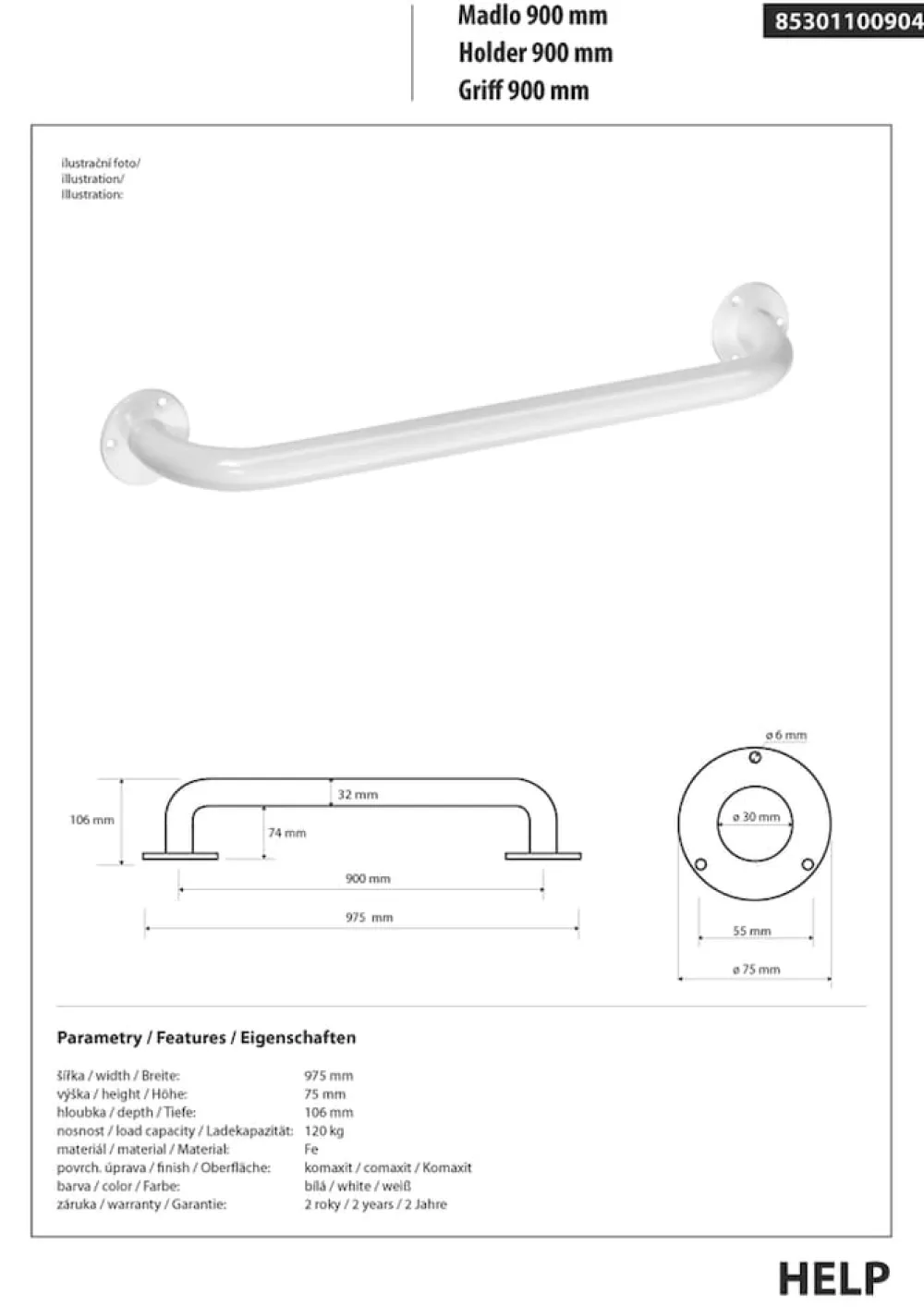 BELP Haltegriff Eisen Weiß 975x75x106 mm, 120 kg Traglast für Bad & WC >> zum Bohren ^ BRILLANTBAD Best