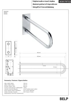 BELP Stützgriff in U-Form Edelstahl gebürstet mit Abdeckung 103x253x866 mm, 120 kg Traglast für Bad & WC >> zum Bohren ^ BRILLANTBAD Discount