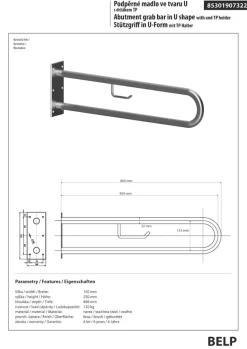 BELP Stützgriff in U-Form mit Toilettenpapierhalter Edelstahl gebürstet 100x250x866 mm, 120 kg Traglast für Bad & WC >> zum Bohren ^ BRILLANTBAD Outlet