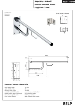 BRILLANTBAD BELP Stützklappgriff mit Toilettenpapierhalter Edelstahl poliert 100x250x850 mm, 120 kg Traglast für Bad & WC >> zum Bohren Sale