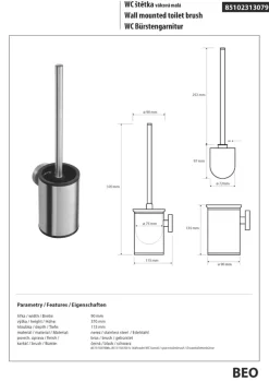 BRILLANTBAD BEO WC-Bürstengarnitur Edelstahl matt hängend schwarze Bürste 90x370x115 mm für Bad & WC >> zum Bohren oder Kleben Hot