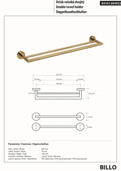 BILLO Doppelhandtuchhalter Messing Gold poliert 120x655x55 mm für Bad & Küche >> zum Bohren oder Kleben* ^ BRILLANTBAD Hot