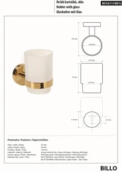 BRILLANTBAD BILLO Glashalter mit Glas Messing Gold poliert Milchglas 105x70x95 mm für Bad & Küche >> zum Bohren oder Kleben*