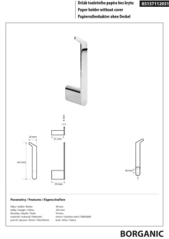 BORGANIC Reservepapierhalter Edelstahl poliert 38x165x59 mm für Bad & WC >> zum Bohren ^ BRILLANTBAD Outlet