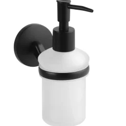 BOX Seifenspender Zink Milchglas Kunststoff Schwarz 125x68x165 mm, 200 ml für Bad & Küche >> zum Bohren ^ BRILLANTBAD