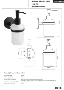 BOX Seifenspender Zink Milchglas Kunststoff Schwarz 125x68x165 mm, 200 ml  für Bad & Küche >> zum Bohren ^ BRILLANTBAD