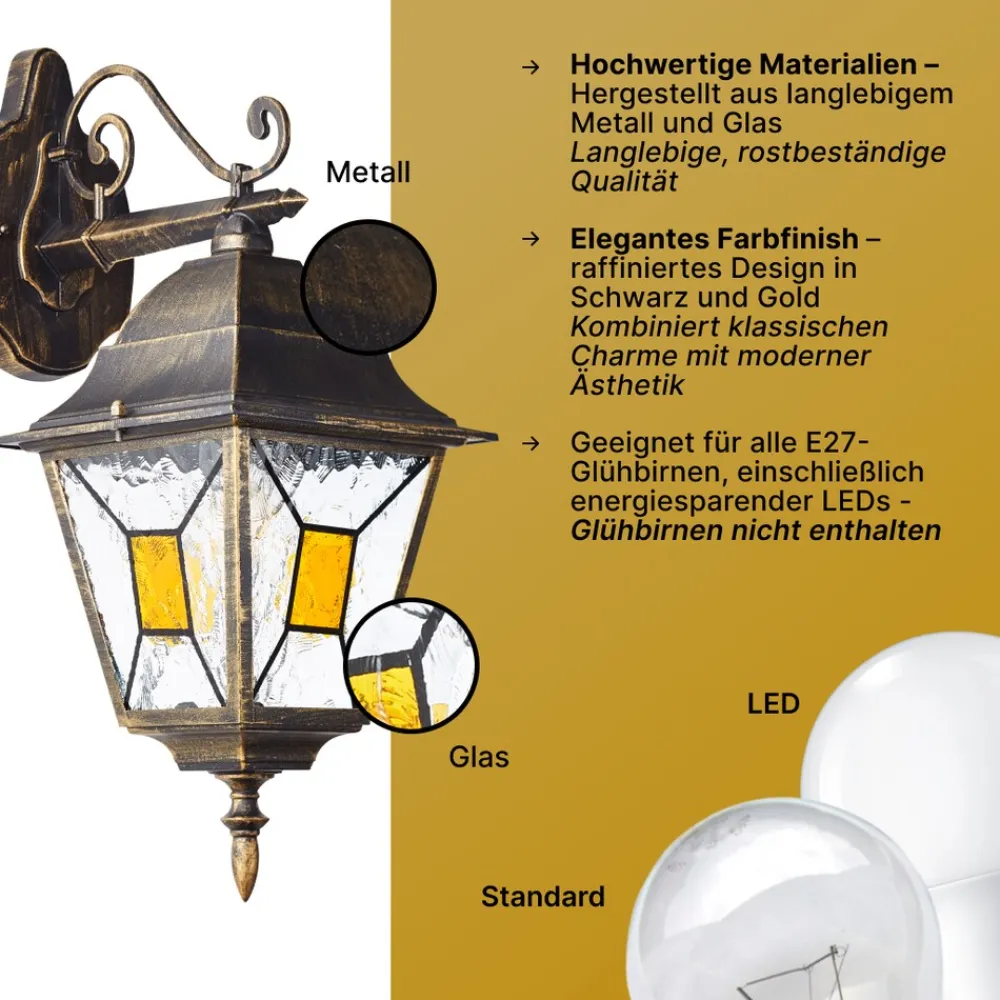 Brilliant Janel Außenwandleuchten - 1 Stück Außenlampe Hängend Schwarz Gold, IP44, E27 Fassung (Leuchtmittel nicht inkl.), Dimmbar, Wetterfest für Garten, Terrasse & Eingang New