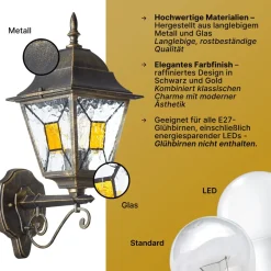 Brilliant Janel Außenwandleuchten - 1 Stück Außenlampe Schwarz Gold, IP44, E27 Fassung (Leuchtmittel nicht inkl.), Dimmbar, Wetterfest für Garten, Terrasse & Eingang New