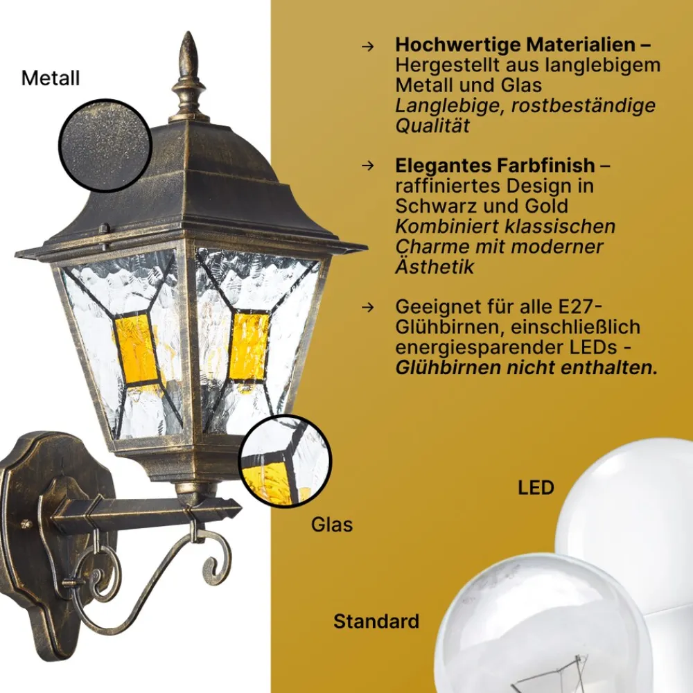 Brilliant Janel Außenwandleuchten - 1 Stück Außenlampe Schwarz Gold, IP44, E27 Fassung (Leuchtmittel nicht inkl.), Dimmbar, Wetterfest für Garten, Terrasse & Eingang New