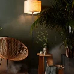 Lampe, Romm Standleuchte 1flg holz hell/schwarz, 1x A60, E27, 52W, Mit Fußschalter ^ Brilliant Discount