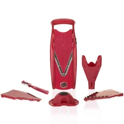 V5 PowerLine Plus Set Gemüsehobel, Obst- & Gemüseschneider mit Fruchthalter, Scheibeneinschub, Sparschäler, 10 Schnittarten, 6 tlg. Set, Rot ^ Börner Clearance