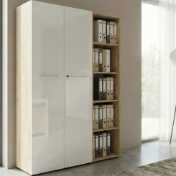 Büro-Set MUENCHEN 2-teilig | Schrank & Regal 5 OH | Glas Front & Abschließbar | Chalet-Eiche-Nb./Weiß ^ KADIMA DESIGN