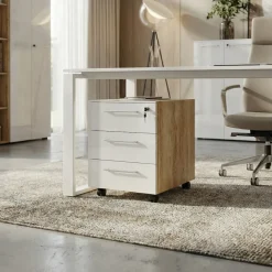 Büro-Set MUENCHEN 3-tlg | Schreibtisch, Schrank, Container | Glasfront | Chalet-Eiche-Nb./Weiß ^ KADIMA DESIGN Sale