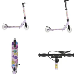 Kinderroller Snazzy faltbar Hinterradbremse Seitenständer LED-Räder 100 kg lila ^ Byox