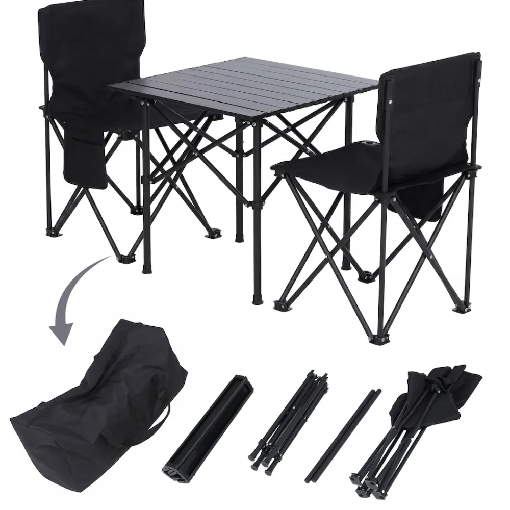 Campingset -Q39, Tisch 2x Stuhl Klappstuhl Anglerstuhl faltbar, Metall Stoff ~ schwarz ^ MCW Discount