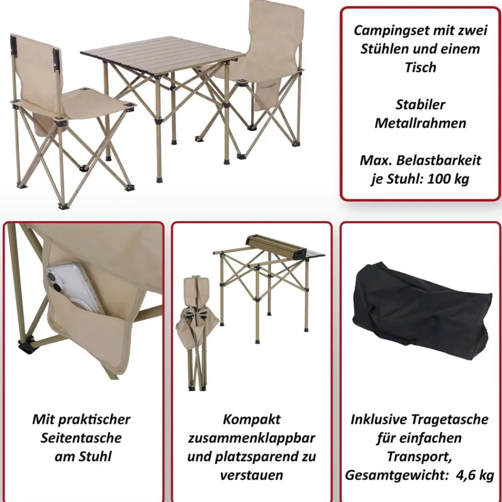 Campingset -Q39, Tisch 2x Stuhl Klappstuhl Anglerstuhl faltbar, Metall Stoff ~ schwarz ^ MCW Discount
