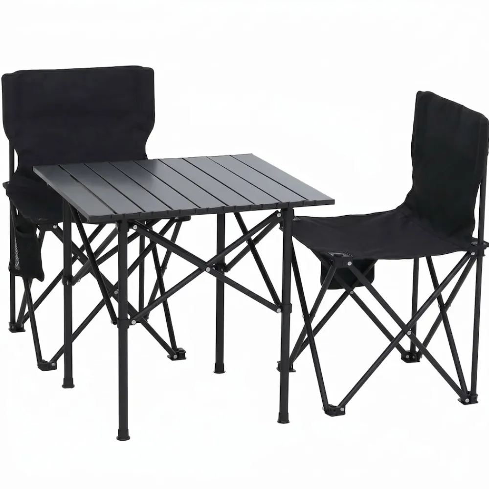 Campingset -Q39, Tisch 2x Stuhl Klappstuhl Anglerstuhl faltbar, Metall Stoff ~ schwarz ^ MCW Discount