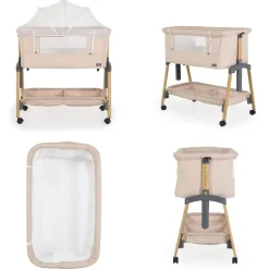 Cangaroo Babybett, Beistellbett Adoro, verstellbar, Matratze, Moskitonetz, Räder beige schwarz New
