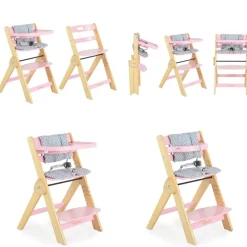 Cangaroo Cangarro Kinderhochstuhl Caramel Holz, Kissen, klappbar, Fußstütze, 3-Punkt-Gurt rosa grün New