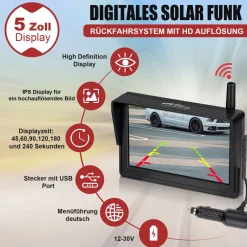 HD Solar Funk Rückfahrkamera mit 5" Monitor Nummernschildkamera mit Solarpanel für vorne oder hinten ^ CARMATRIX Discount