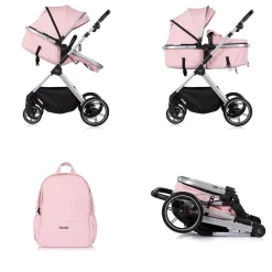 Kombikinderwagen Pearl 3 in 1 umbaubar Babyschale Wickeltasche Fußsack rosa ^ Chipolino Clearance