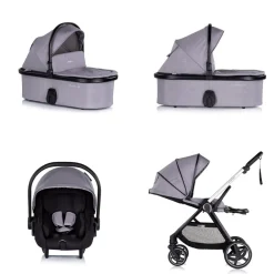 Chipolino Kombikinderwagen 3 in1 Marbella Fußabdeckung Einlage i-Size Babyschale grau rosa Clearance