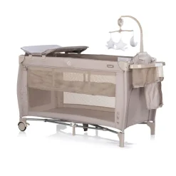 Reisebett Bella 2 Ebenen seitlicher Eingang Musikmobile Wickelauflage beige grau ^ Chipolino Best