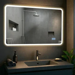Badspiegel Jericho mit Beleuchtung, Bluetooth-Lautsprecher, Anti-Beschlag Badezimmerspiegel, Wandspiegel LED dimmbar, 3 Licht-Modi ^ CLP Hot
