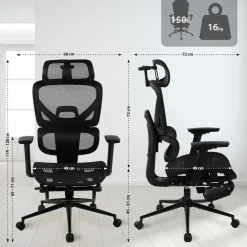 CLP Bürostuhl Beresford I Ergonomischer Schreibtischstuhl mit Lordosenstütze und Fußablage I Meshbezug des Drehstuhls atmungsaktiv schwarz New