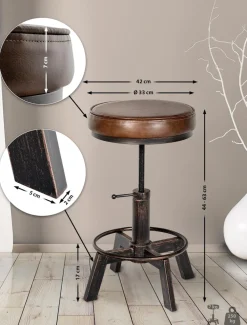 CLP Sitzhocker Destin mit Kunstlederbezug I Hocker im Industrial Design I gepolstert und höhenverstellbar antik silber Clearance
