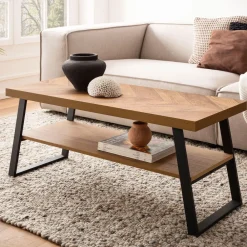 Finebuy Couchtisch Sofatisch 100 cm Braun Fischgrät Wohnzimmertisch Ablage Best