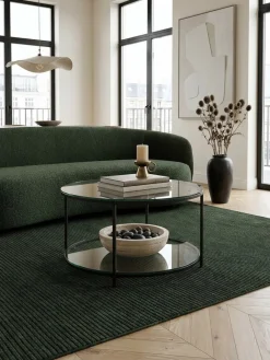 Couchtisch Glas/Metall Rund Modern 80x80x45 cm mit Stauraum & Ablagefach ^ KADIMA DESIGN Online