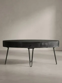 Couchtisch in Mango-Massivholz und Metall, 100x50x40 cm, Oval, mit Schublade, Stauraum und Haarnadelbeinen ^ KADIMA DESIGN Outlet