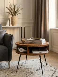KADIMA DESIGN Couchtisch Sheesham Massivholz Metall, Ablagefunktion, 60x45x60 cm, Braun Rund Clearance